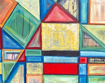 Puede incluir: Pintura abstracta con formas geométricas en tonos de azul, verde, rojo, amarillo y naranja. La pintura está compuesta por cuadrados, triángulos y rectángulos.