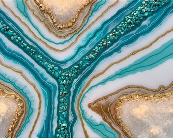 Teal Gold Geode Wall Art, Turquoise Quartz Crystal Resin Art, Coastal Abstract Wall Decor, 16x24 Handmade Artwork