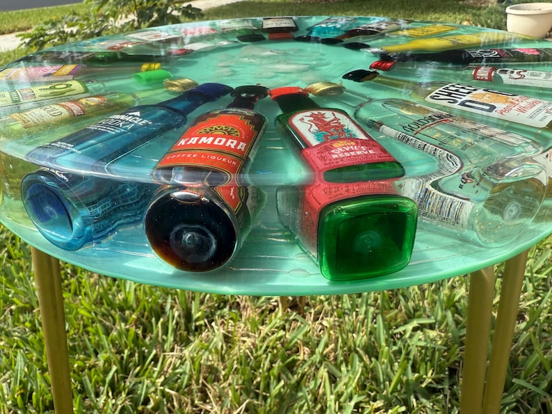 Mini Cologne Table Accent Table With Mini Liquor Bottles & Quartz Crystals | Handmade ...