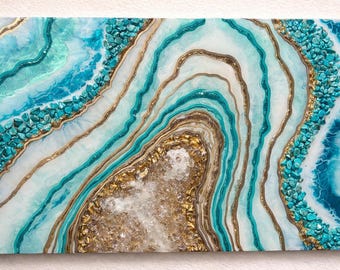 Turquoise Geode Resin Wall Art, Quartz Crystal, Coastal Decor