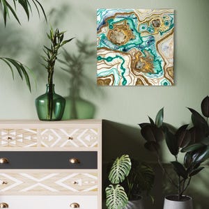 Resin Geode Abstract Wall Art with Real Quartz, Gold Leaf & Glitter Veins – Seraphine | 24x24 Handmade Crystal Artwork