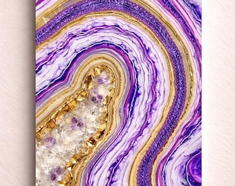 Amethyst Geode Wall Art with Quartz Crystals | Purple Gold Resin Crystal Wall Decor | Luxury Gemstone Wall Art | Handmade Abstract Resin Art