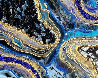 Blue Geode Resin Wall Art, Black & Gold, Crushed Glass (12x24