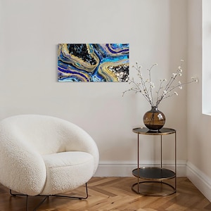 Black, Blue & Gold Resin Geode Wall Art with Crushed Glass and Gold Leaf – Lyra | 12x24 Luxury Handmade Crystal Artwork
