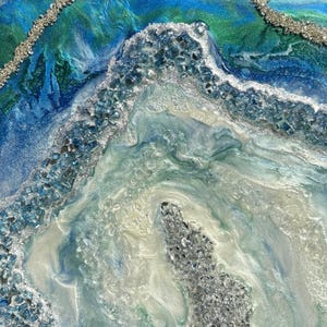 Tidal Whisper – 11x14 Resin Geode Wall Art in Blue, Green, and Silver with Crushed Glass Accents