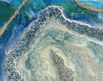 Blue Green Resin Geode Wall Art, Crushed Glass Ocean Inspired Artwork, Silver Metallic Abstract Wall Decor, Handmade Coastal Art 11x14