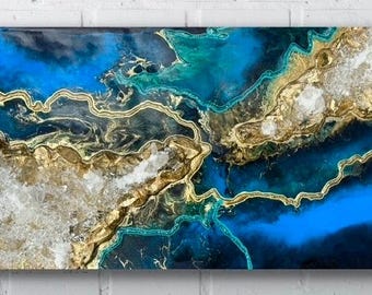 Blue Geode Wall Art with Quartz Crystals & Gold Accents, 12x24 Resin Artwork, Coastal Abstract Crystal Wall Decor
