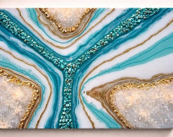 Teal Gold Geode Wall Art, Turquoise Quartz Crystal Resin Art, Coastal Abstract Wall Decor, 16x24 Handmade Artwork