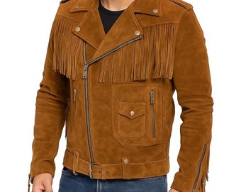 Herren Wildleder Fransen Jacke Quaste Brando Western Cowboy Jacke