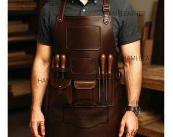 May include: A brown leather apron with multiple pockets and tool holders. The apron has adjustable straps and a dark brown color. The apron is designed for artisans and craftspeople. The apron has the text "HAMI LEATHER".