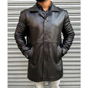 Men Black Leather Coat Long Genuine Leather Jacket Classic Button-Up Winter Outerwear Handmade Men Overcoat 3/4 Length car coat
