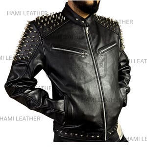 Schwarze Nieten Spiked Leder Bikerjacke | Punk Gothic Rock Heavy Metal Jacke | Echte Moto Lederjacke für Herren