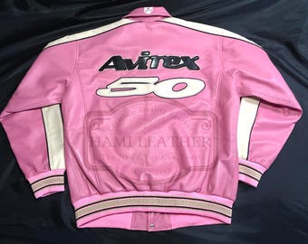 Rosa Leder Varsity Jacke Herren | Bestickte Streetwear Bomberjacke