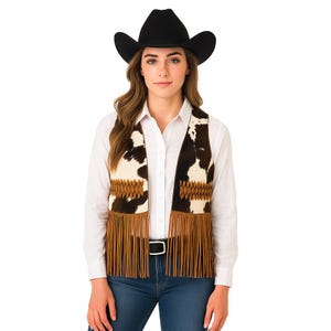 Cowgirl Suede Leather Fringe Vest – Hair-On-Hide Leather Fringe Vest - Western Beaded Festival Vest for Women | Boho Rodeo Outfit