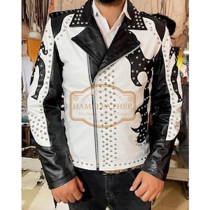 Men Genuine Cowhide Black White Leather Fringe Jacket Studded Jacket Silver Metallic Punk Jacket Motorcycle Biker Jacket Rocker Jacket