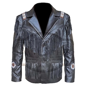 May include: Black leather jacket with fringe detailing, decorative beading on the shoulders and sleeves, and two front pockets. The jacket has a classic blazer style with a notched collar and button closure. A unique, stylish piece.