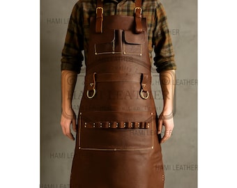 Delantal de taller de cuero hecho a mano: resistente, personalizado y con múltiples bolsillos.