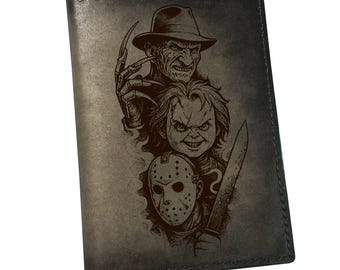 Horror characters leather handmade wallet, custom halloween gifts, horror movie travel case