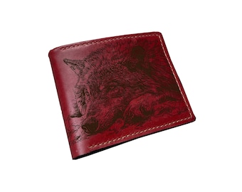 Engraved Wolf Leather Wallet, Custom Animal Wallet, Handmade