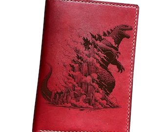 Handmade Godzilla Leather Wallet, Custom Engraved Japanese Kaiju Monster