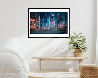 Tokyo Neon City Framed Print: Vibrant Cyberpunk Japanese Street Art