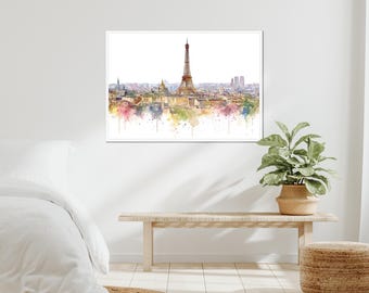 Framed Eiffel Tower Print: Paris Skyline Watercolor Art