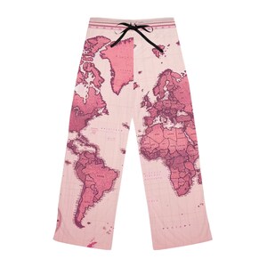 pantalons de pyjama Map pour femmes vintage - vêtements de nuit de voyage roses rétro, bas de détente doux et cosy, pantalon de pyjama de voyageur confortable, pyjama de carte mignon,