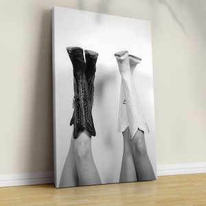 Black And White - Coastal Cowgirl  Poster Print, Boots Trendy, Preppy Cowgirl Dorm Room Wall Art Decor, Girly - Canvas