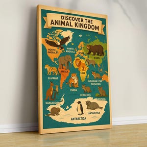 Dierenwereldkaart print, educatieve poster, decor kinderkamer, kaart kinderkamer, decor kinderkamer, wereldkaart kunst aan de muur, kunst aan de muur kinderkamer, kinderkamer