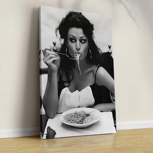 Italian Woman Eating Pasta Print, Black and White, Vintage Photo, Spaghetti Poster, Woman Drinking Wine, Kitchen Wall Art, Dining Room Decor