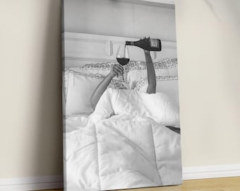 Black And White Woman Drinking Wine in Bed Art Print: Trendy Room Decor