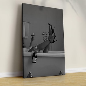 High Heels Woman Drinking Wine In Bathtub Print, Feminist Poster, Bathroom Wall Art, Black and White, Teen Girls Bathroom Decor, Bathtub Art
