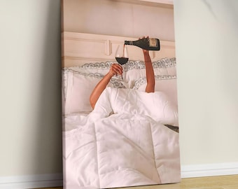 Woman Drinking Wine in Bed Art Print: Trendy Room Decor