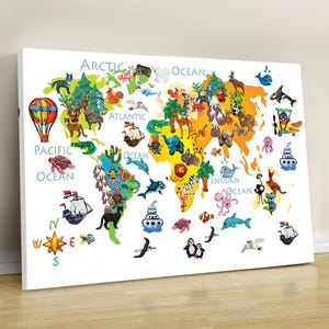 Dierenwereldkaart print, educatieve poster, decor kinderkamer, kaart kinderkamer, decor kinderkamer, wereldkaart kunst aan de muur, kunst aan de muur kinderkamer, kinderkamer