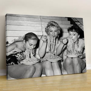 Italian Woman Eating Pasta Print, Black and White, Vintage Photo, Spaghetti Poster, Woman Drinking Wine, Kitchen Wall Art, Dining Room Decor