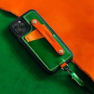 Personalized Handcrafted Leather iPhone Case with Pouch Hanging-neck Strap: iPhone 11/12/13/14/15/16、17 Card holder Crossbody Phone Case