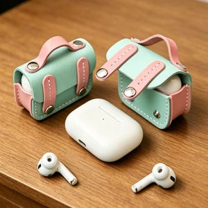 May include: Two mint green and light pink protective cases for wireless earbuds, designed like miniature satchels with top handles and silver snap closures. One case is closed, one is open, and a white charging case with two earbuds are present.
