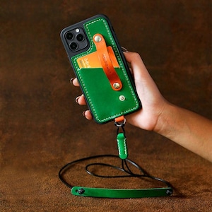 Personalized Handcrafted Leather iPhone Case with Pouch Hanging-neck Strap: iPhone 11/12/13/14/15/16、17 Card holder Crossbody Phone Case