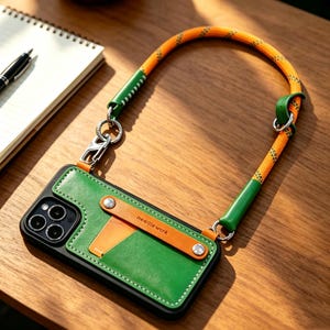 Puede incluir: Una funda de smartphone negra con tarjetero de cuero verde, una correa naranja con el texto "needlework" y un cordón desmontable de patrón naranja y amarillo con detalles en cuero verde y herrajes metálicos de color plateado.