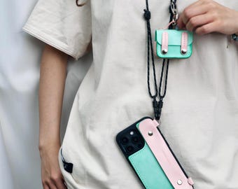 スタイリッシュなハンドメイドレザーiPhoneウォレットケース（ストラップ付き）：牛革クロスボディフォンカバー
