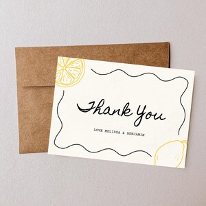 Cartão postal de agradecimento de casamento, tamanho de convite, ilustrações desenhadas à mão, agradecimento de casamento, download digital, modelo de casamento, limão amarelo