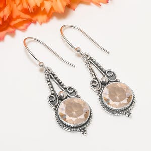Morganite Sterling Silver Earrings: Oxidized Peach Gemstone, Handmade