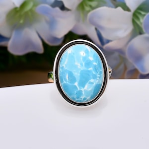 Larimar Ring: Adjustable Oxidized Sterling Silver, Blue Gemstone