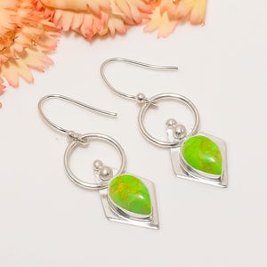 Copper Turquoise Sterling Silver Earrings: Green Gemstone Dangle, Handmade