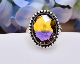 Bague amétrine en argent sterling oxydé : bijoux de mariage en pierres précieuses réglables