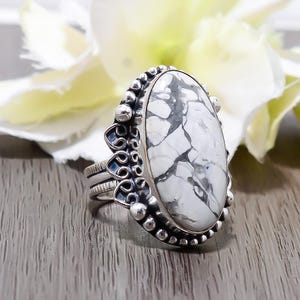 White Howlite Ring: Adjustable Sterling Silver Gemstone, Handmade