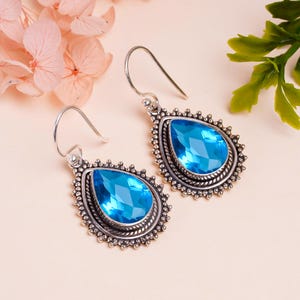 Blue Topaz Sterling Silver Earrings: Oxidized Pear Gemstone, Handmade