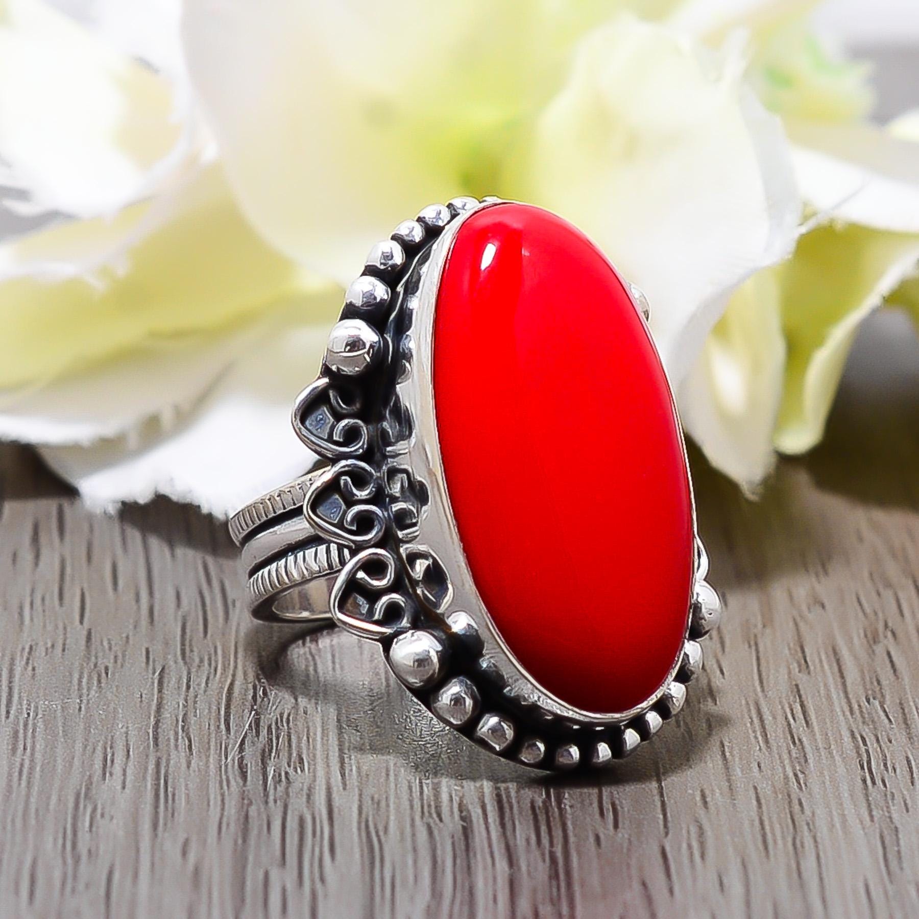 Red Coral Sterling Silver Ring: Adjustable Gemstone, Handmade