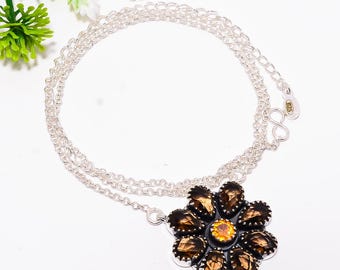Rauchquarz Blumen Anhänger, Citrin, 925 Sterling Silber Halskette
