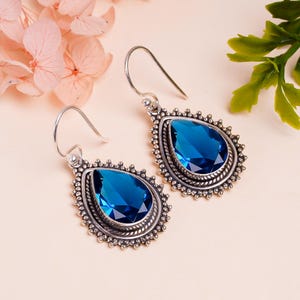 Blue Sapphire Pear Drop Earrings: Oxidized Sterling Silver